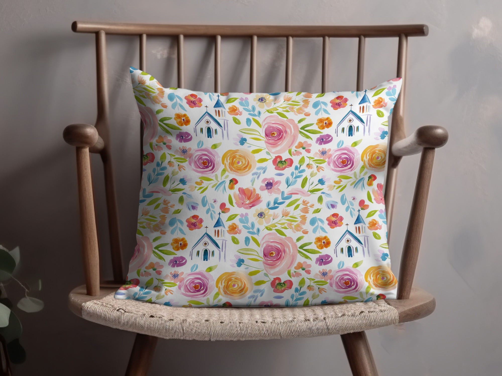 Colorful Floral Pattern With Houses Design Pillow