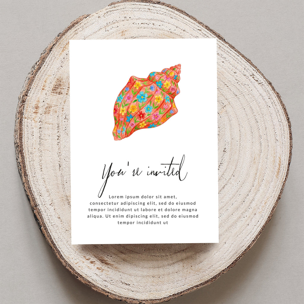 Seashell invitation with "You're invited" and placeholder text.