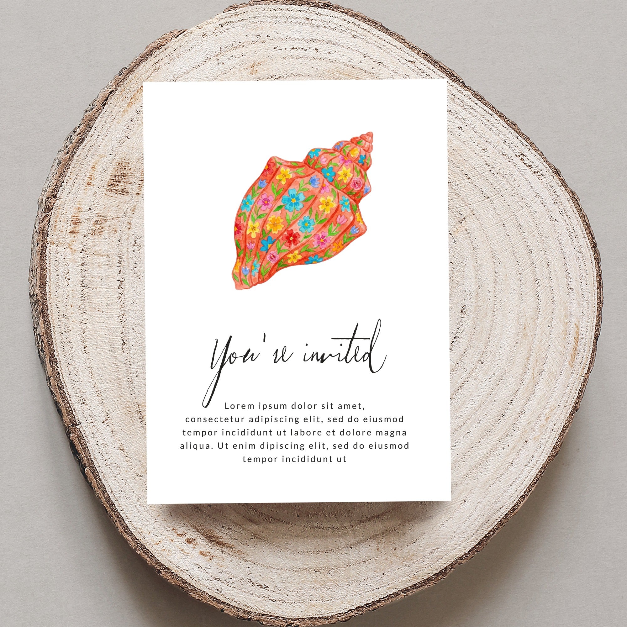 Seashell invitation with "You're invited" and placeholder text.