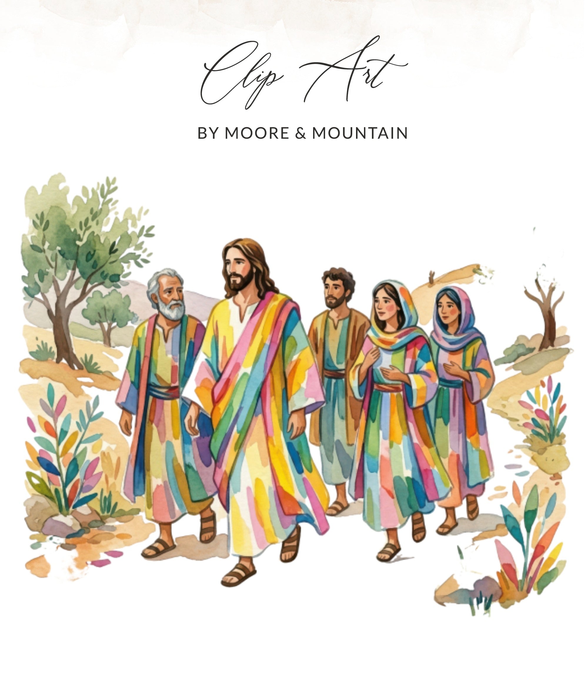 Jesus leads four people in colorful robes walking on a path.