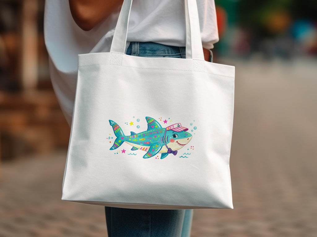 White tote bag with colorful cartoon shark wearing a sailor hat and bowtie.