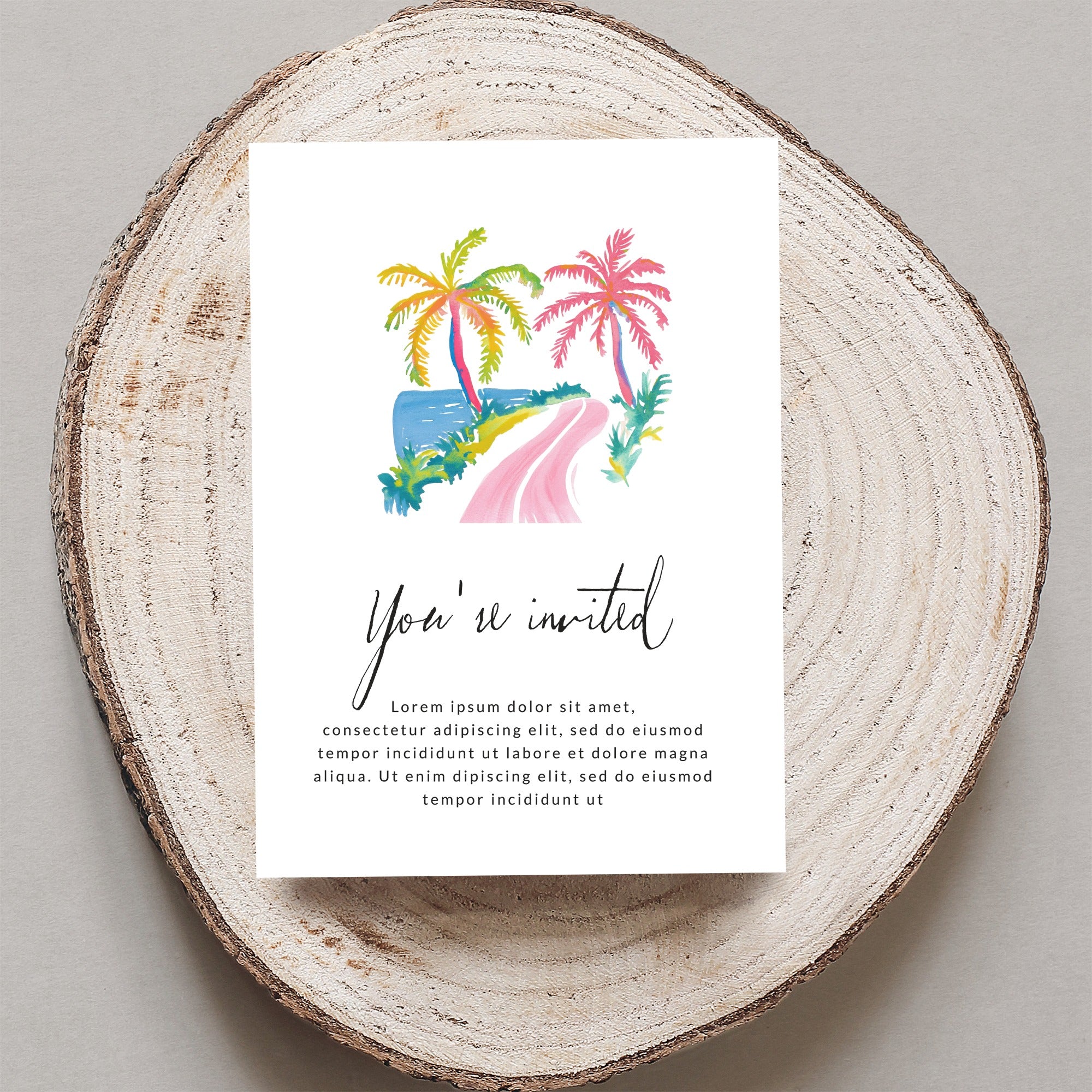 Invitation with tropical beach scene and "You're invited" text.