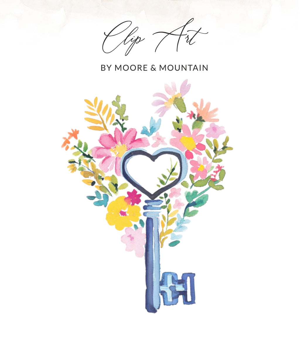 Watercolor heart-shaped floral arrangement with a key, by Moore & Mountain.