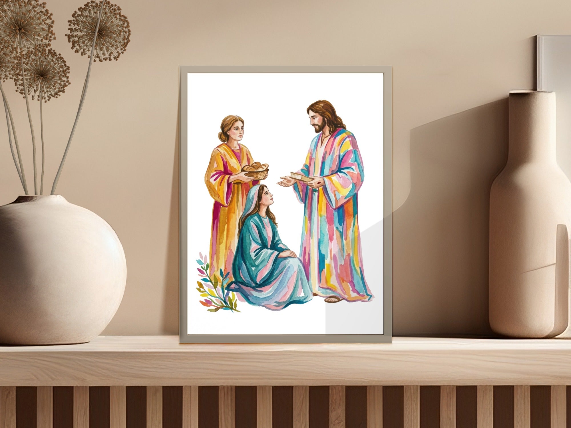 Jesus giving bread and fish to two women.