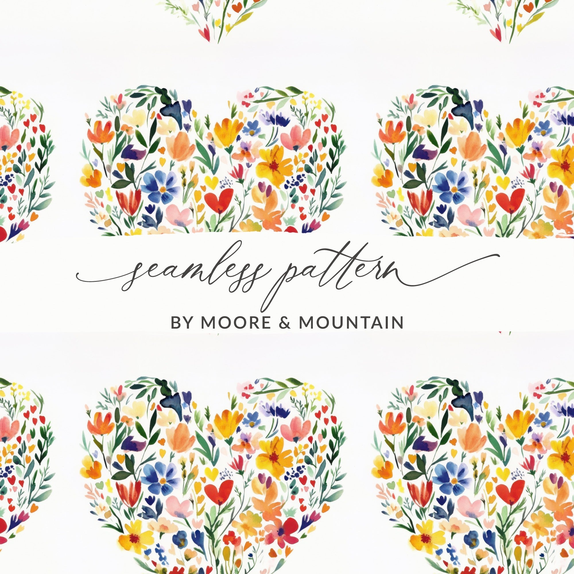 Heart Floral Digital Paper, Watercolor Flowers Seamless Pattern, Spring Blossoms Digital Download, Scrapbook Paper, Textile Design