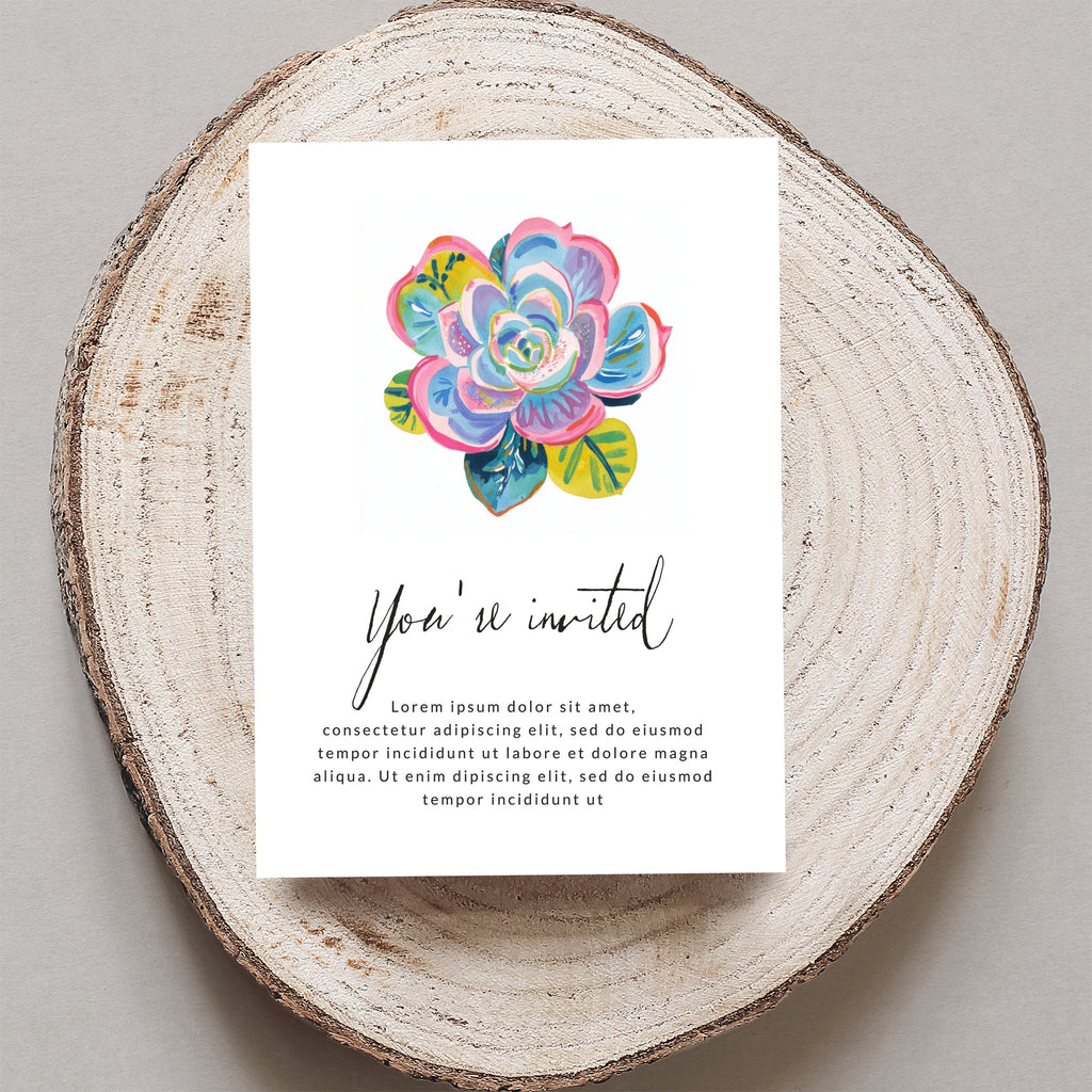 Invitation with watercolor succulent and "You're invited" text.