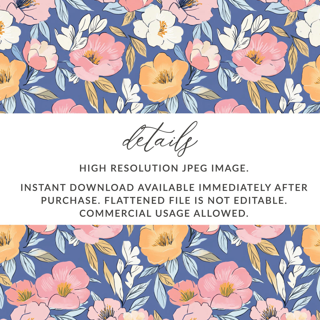 Floral pattern with blue background and pink, white, and orange flowers.