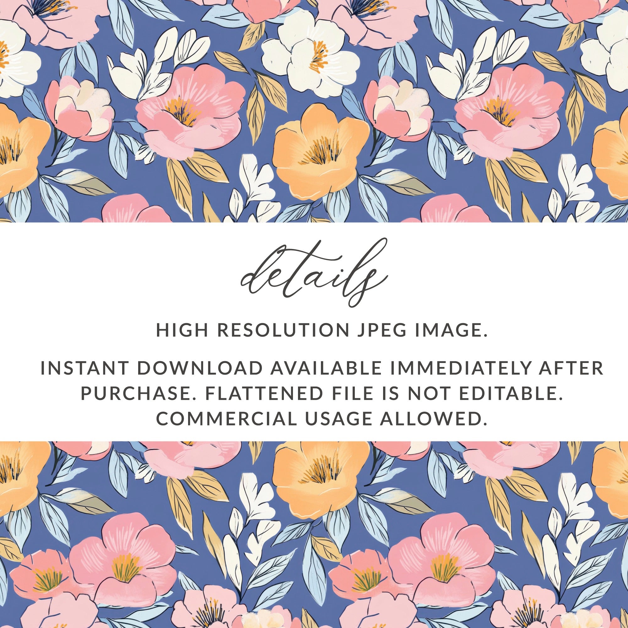 Floral pattern with blue background and pink, white, and orange flowers.