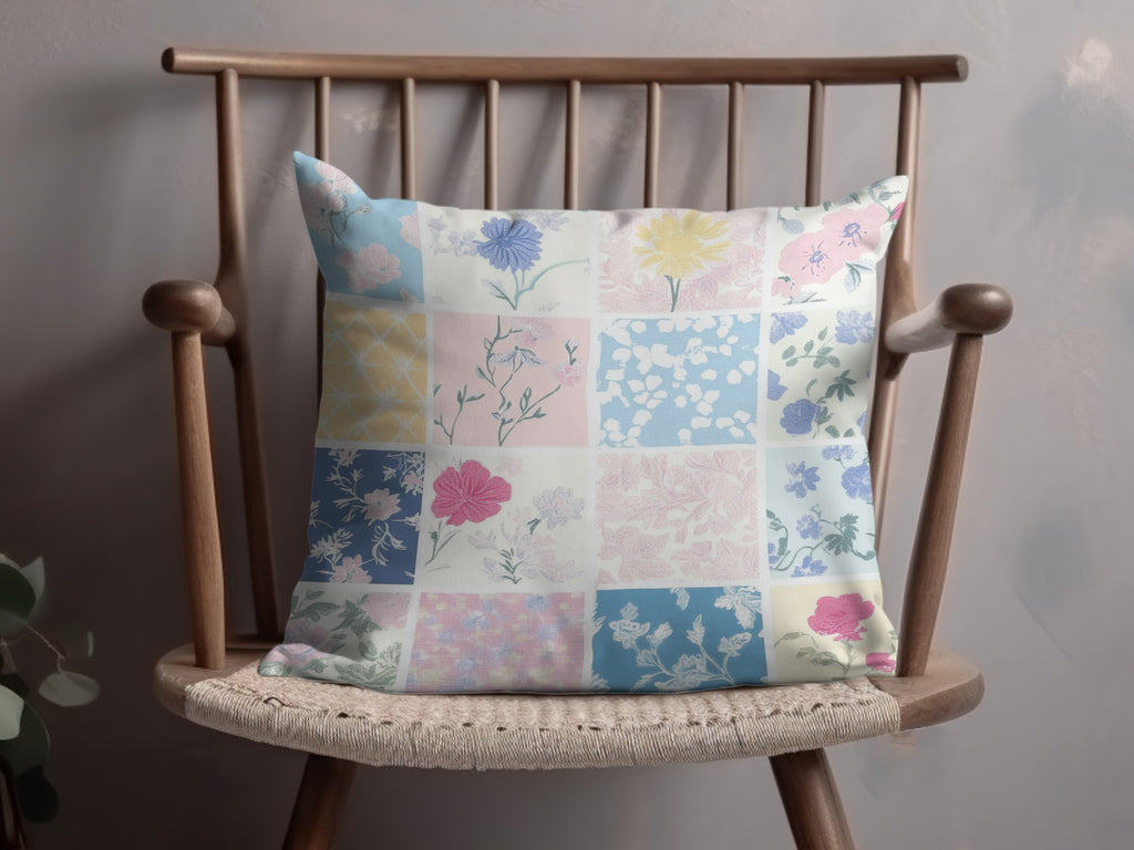 Patchwork Floral Pattern Pillow with Vintage Botanical Theme