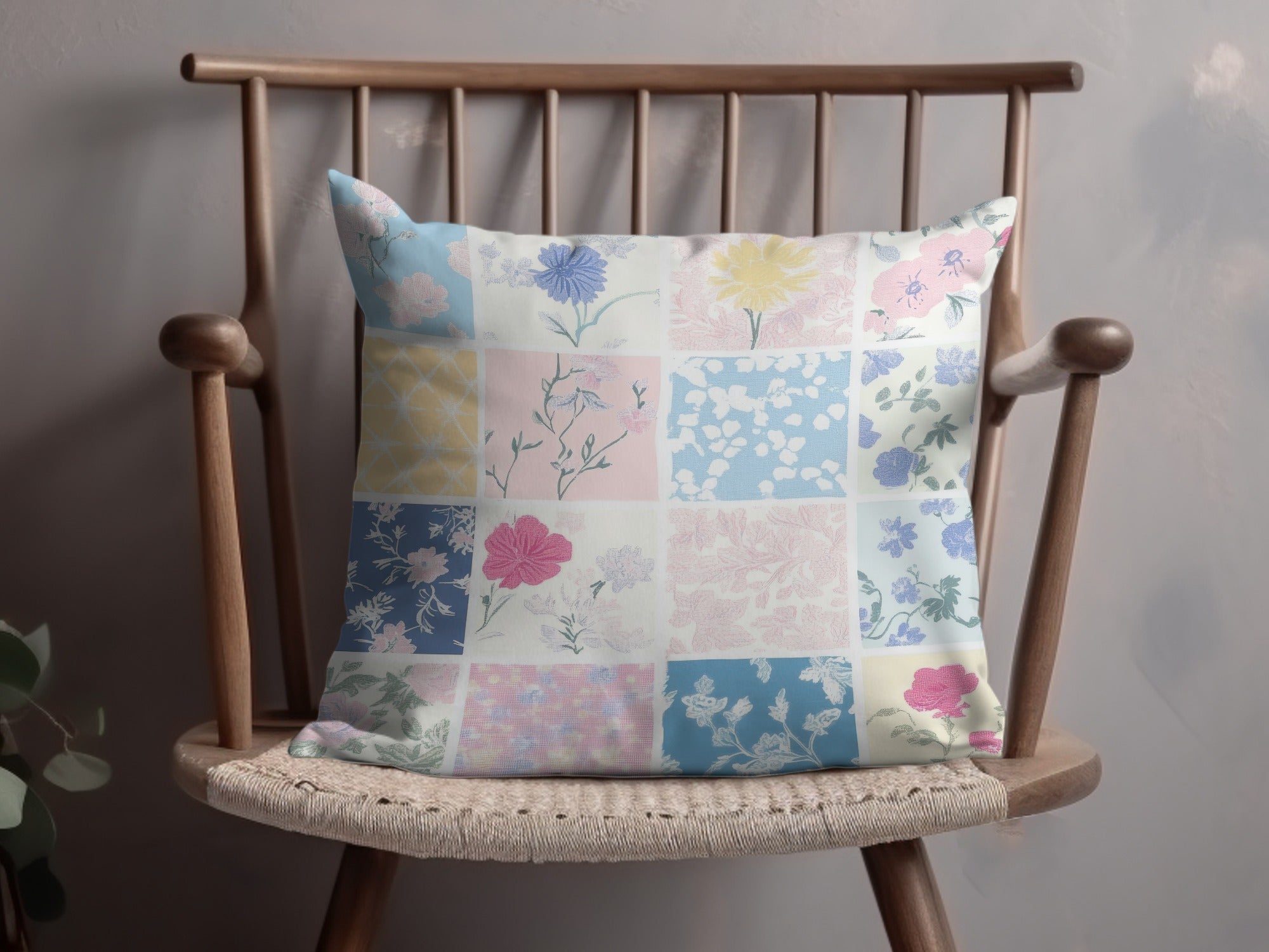 Patchwork Floral Pattern Pillow with Vintage Botanical Theme