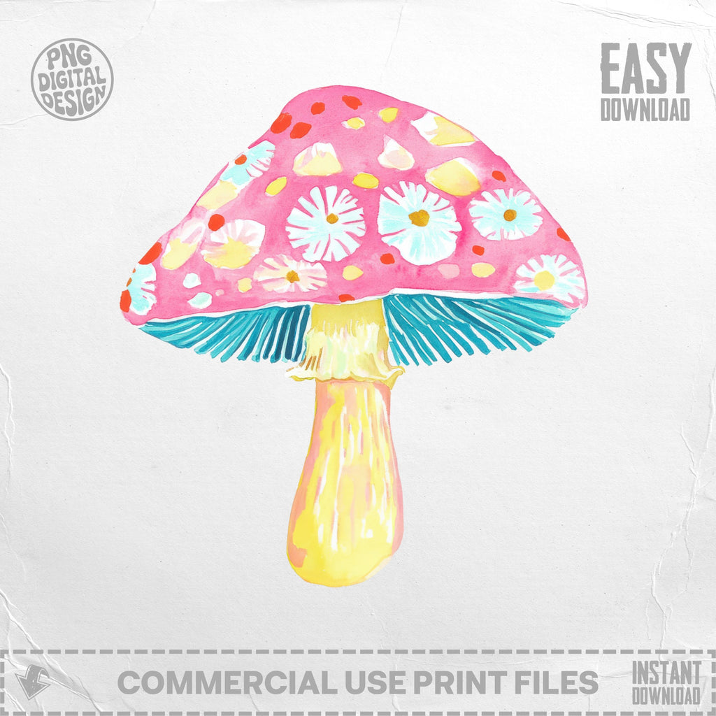 Pink watercolor mushroom with yellow stem and blue gills, decorated with white flowers.