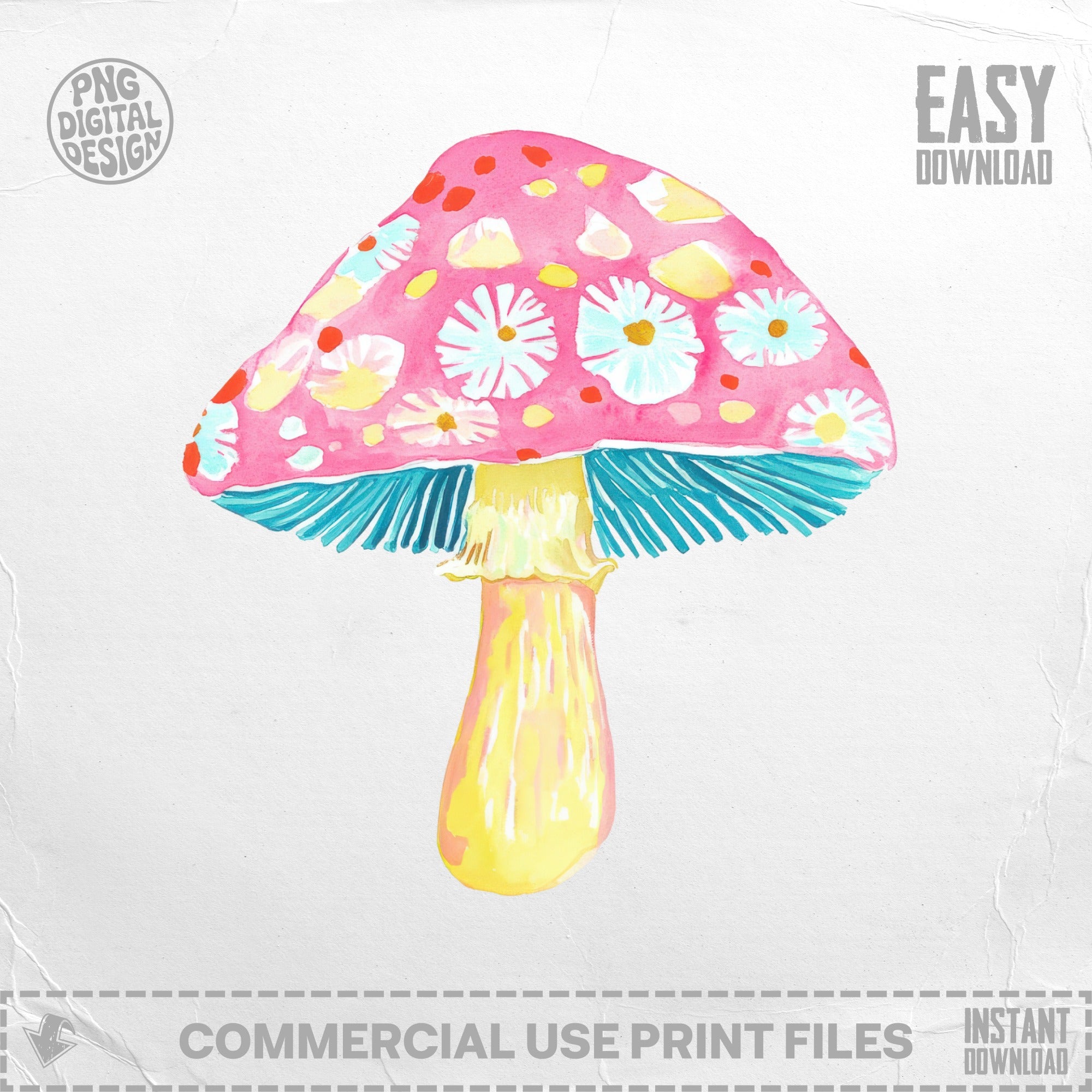 Pink watercolor mushroom with yellow stem and blue gills, decorated with white flowers.