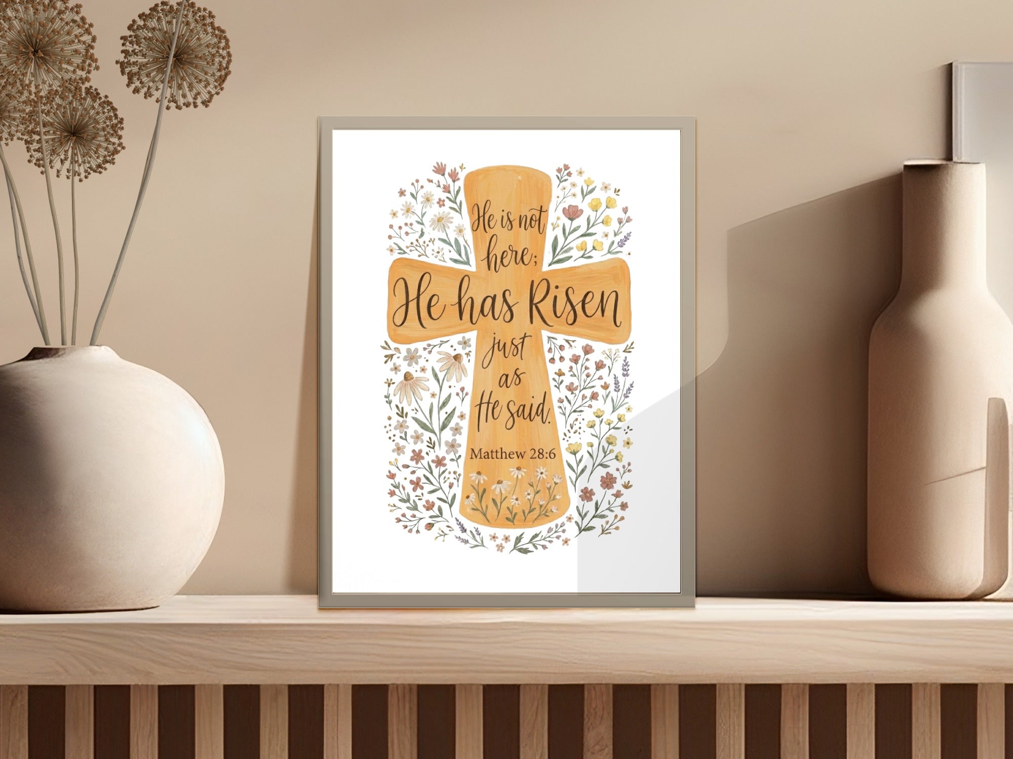 Cross art with "He is not here: He has Risen just as He said Matthew 28:6".