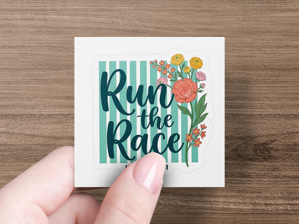 Square sticker with "Run the Race" text and floral accents on striped background.