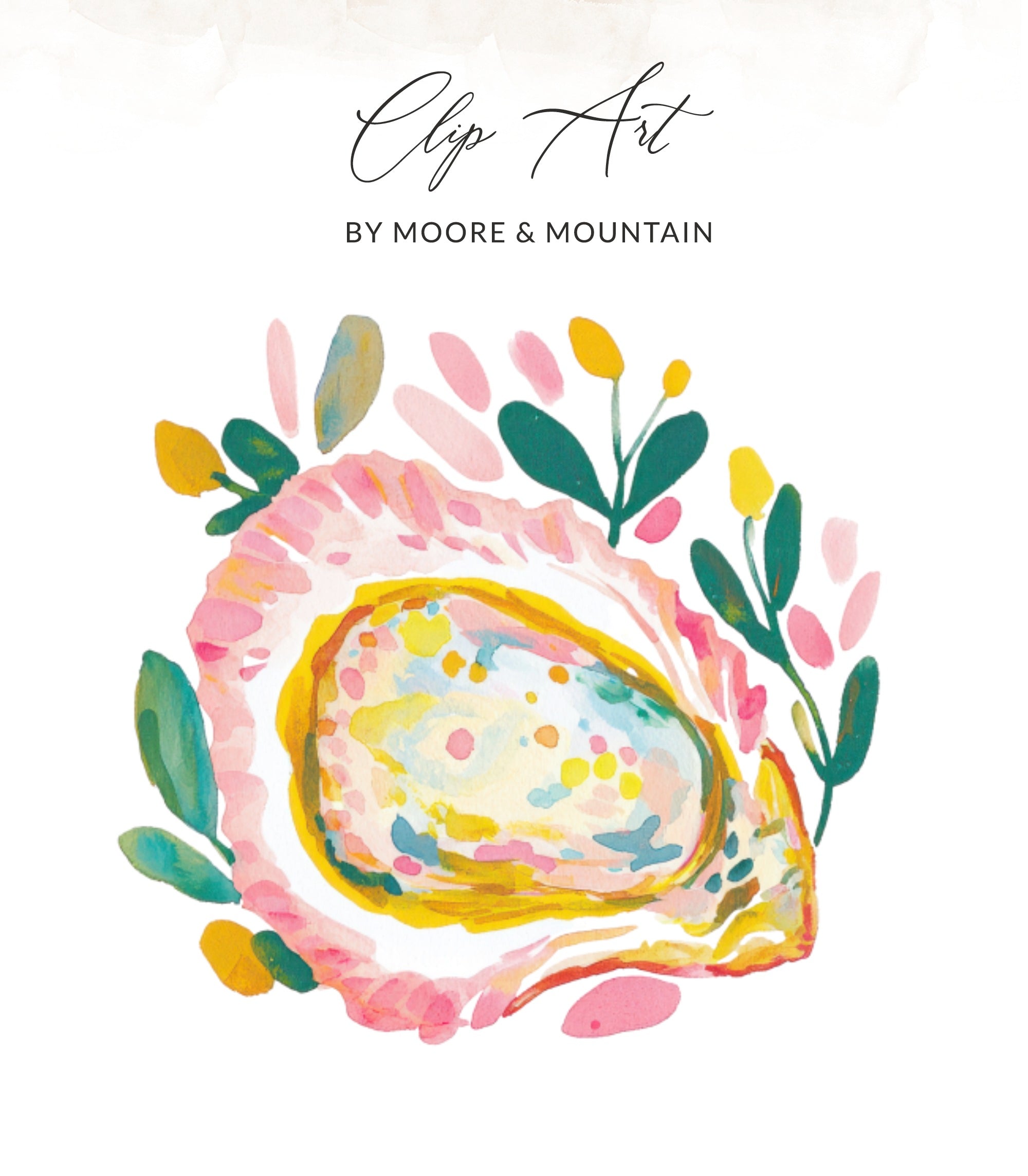 Watercolor oyster with floral accents and "Clip Art by Moore & Mountain" text.