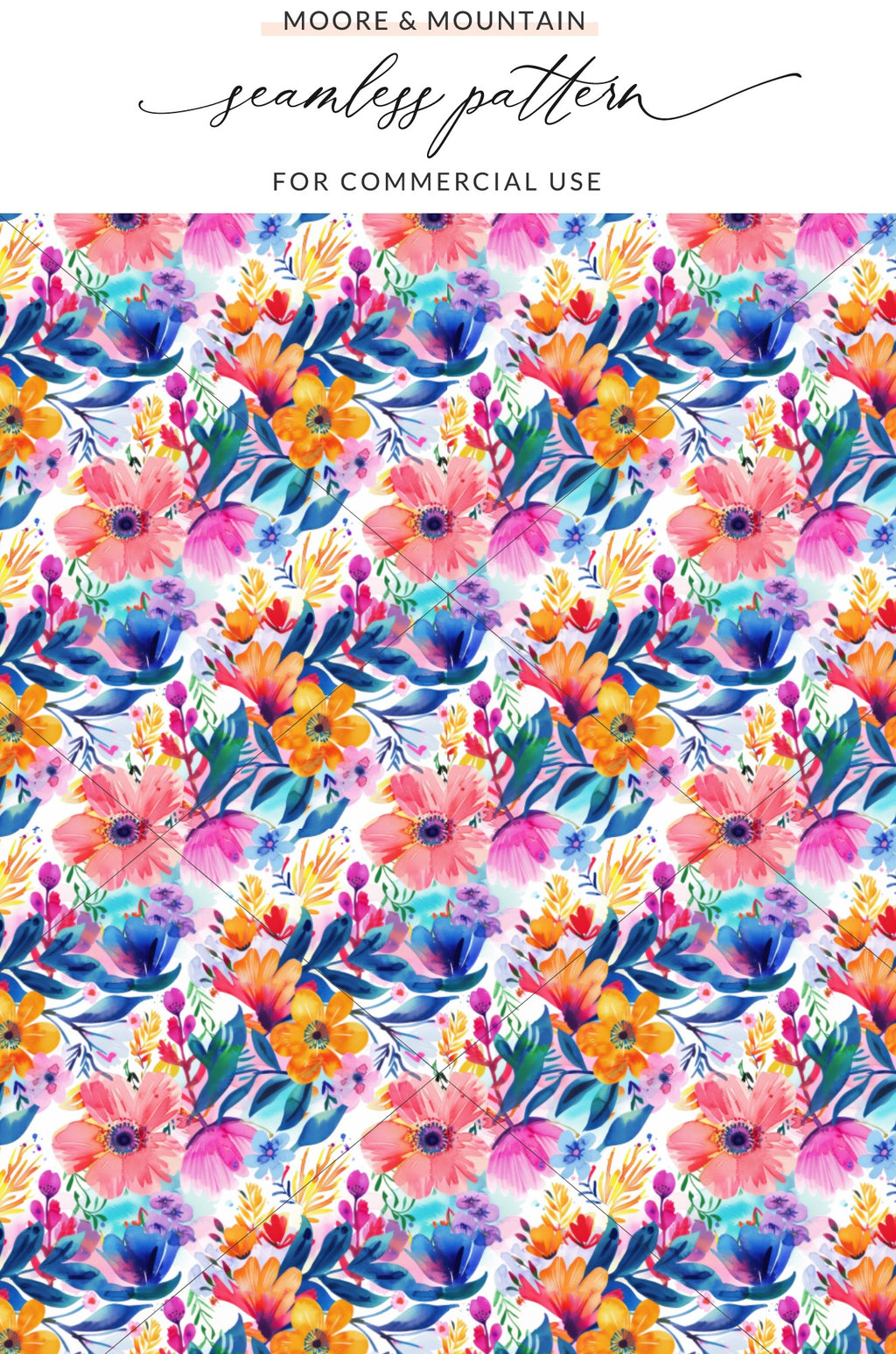 Vibrant Colorful Watercolor Floral Seamless Pattern product type
seamless pattern, floral design, watercolor art, vibrant flowers, colorful print, botanical pattern, digital download, textile print, surface pattern, pink blooms, orange blossoms, blue foliage, nature inspired, commercial use, creative design, bright motif, abstract floral, graphic element, summer garden, artistic pattern