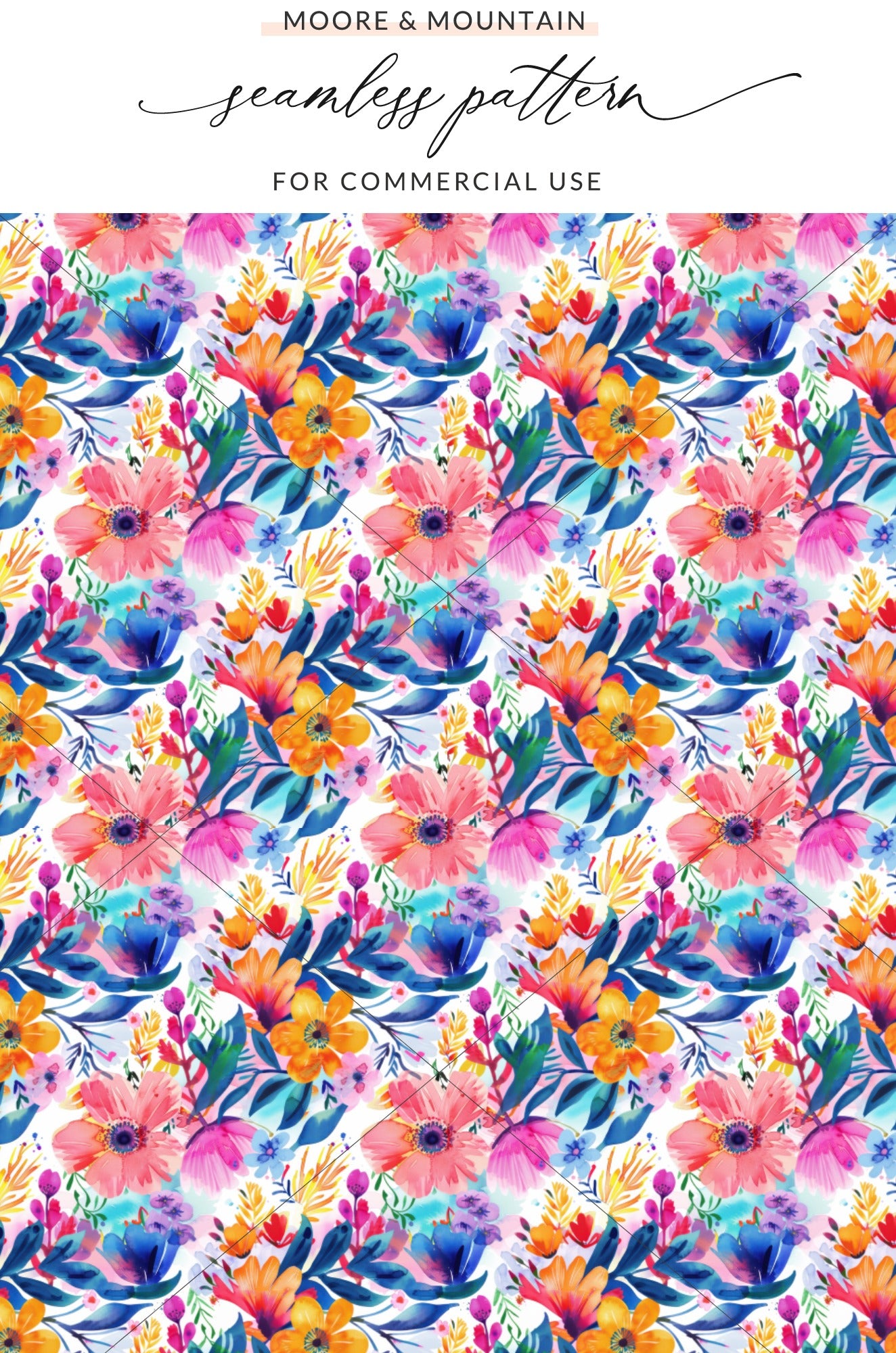 Vibrant Colorful Watercolor Floral Seamless Pattern product type
seamless pattern, floral design, watercolor art, vibrant flowers, colorful print, botanical pattern, digital download, textile print, surface pattern, pink blooms, orange blossoms, blue foliage, nature inspired, commercial use, creative design, bright motif, abstract floral, graphic element, summer garden, artistic pattern
