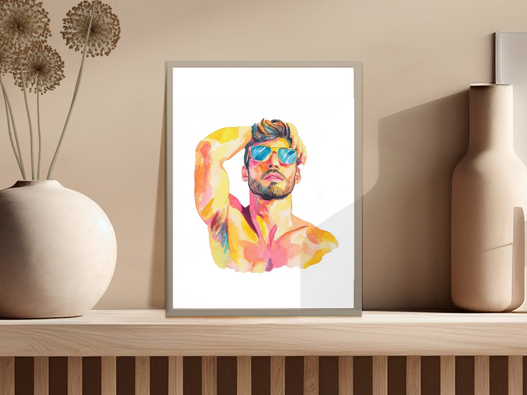 Watercolor painting of a man with sunglasses on a shelf with vases.