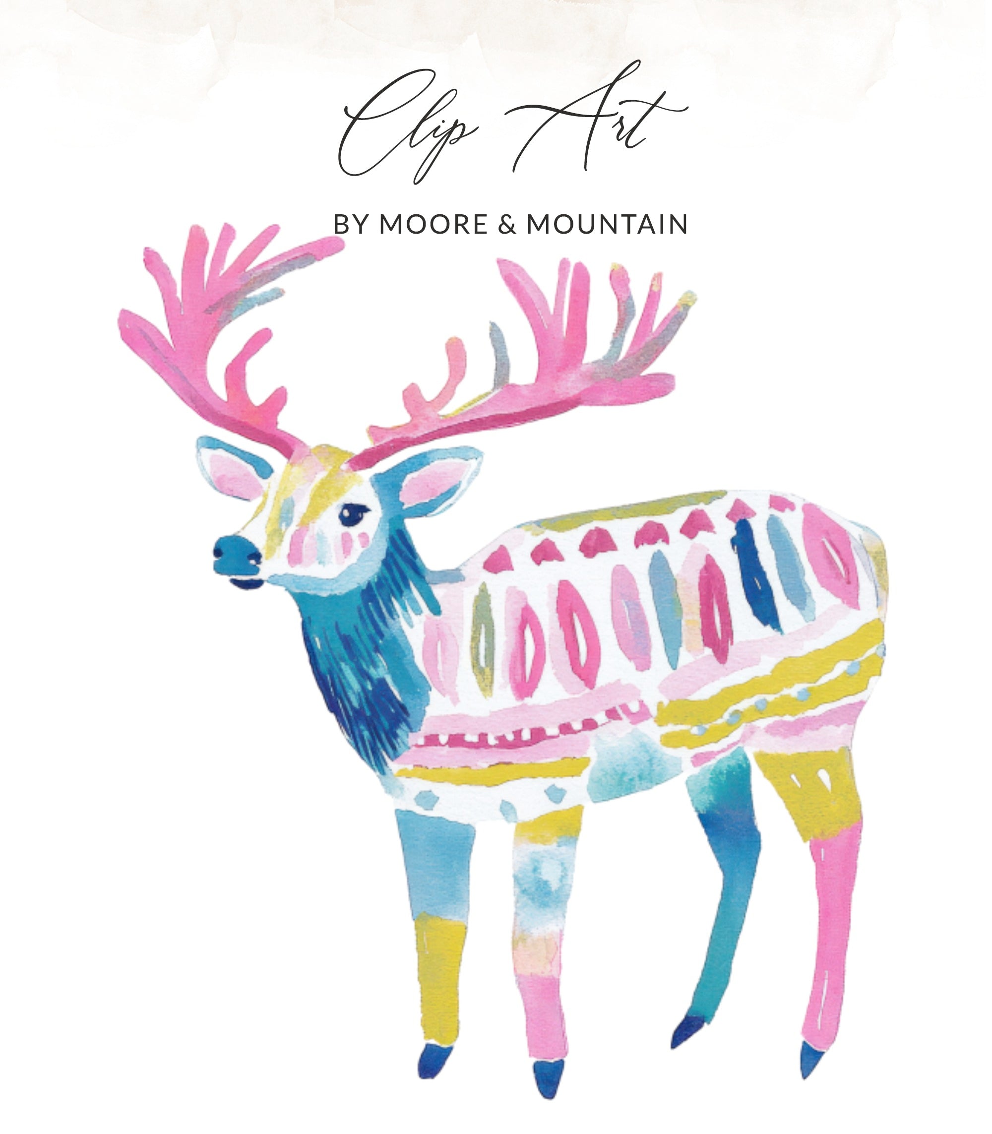 Watercolor deer with colorful abstract patterns and pink antlers.