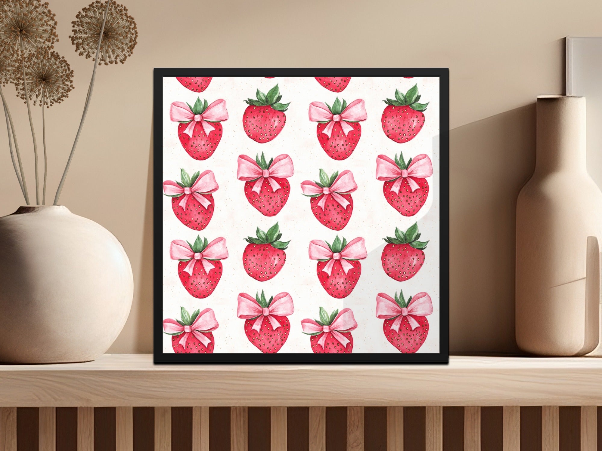 Cute Strawberry Pattern with Bows Art Print