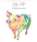 Colorful watercolor pig illustration with text "Clip Art by Moore & Mountain".