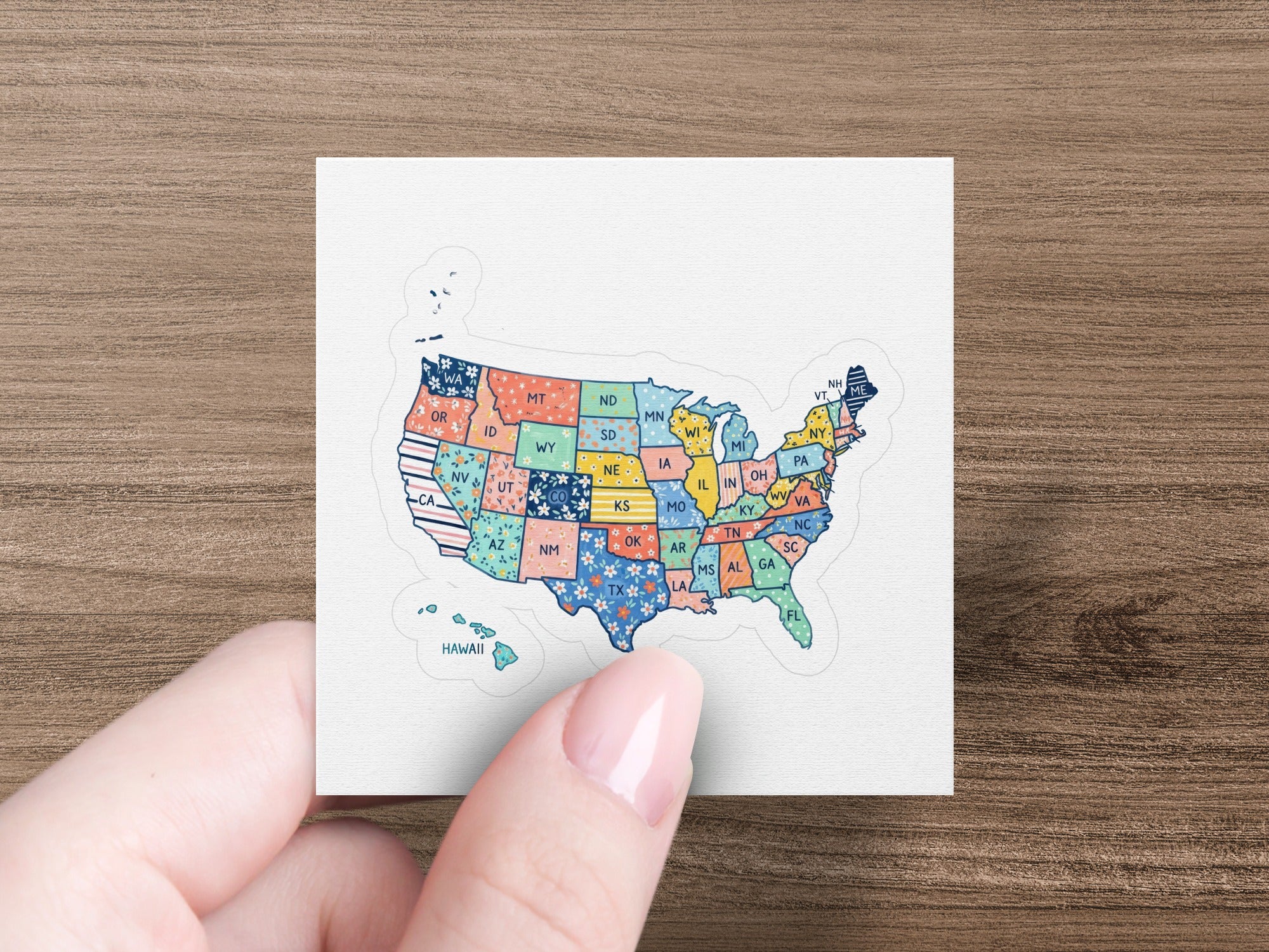 Map sticker of the United States with states labeled by abbreviations.