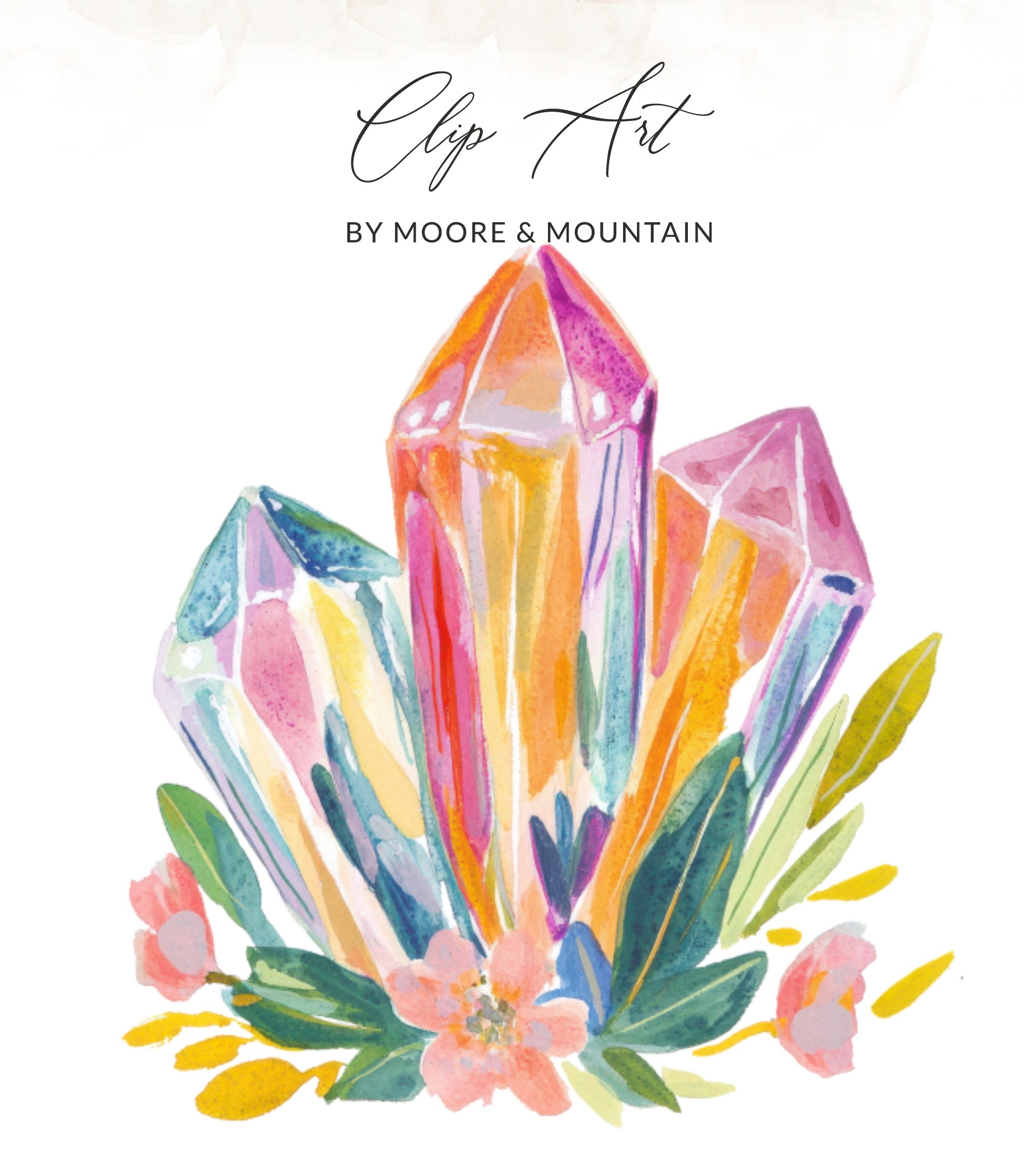 Watercolor crystals with flowers and leaves, "Clip Art by Moore & Mountain".