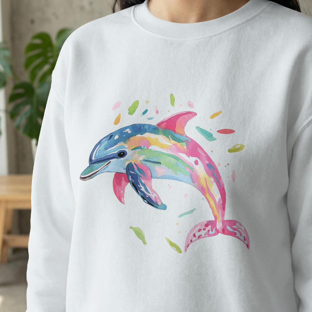 White sweatshirt with a colorful watercolor dolphin design.
