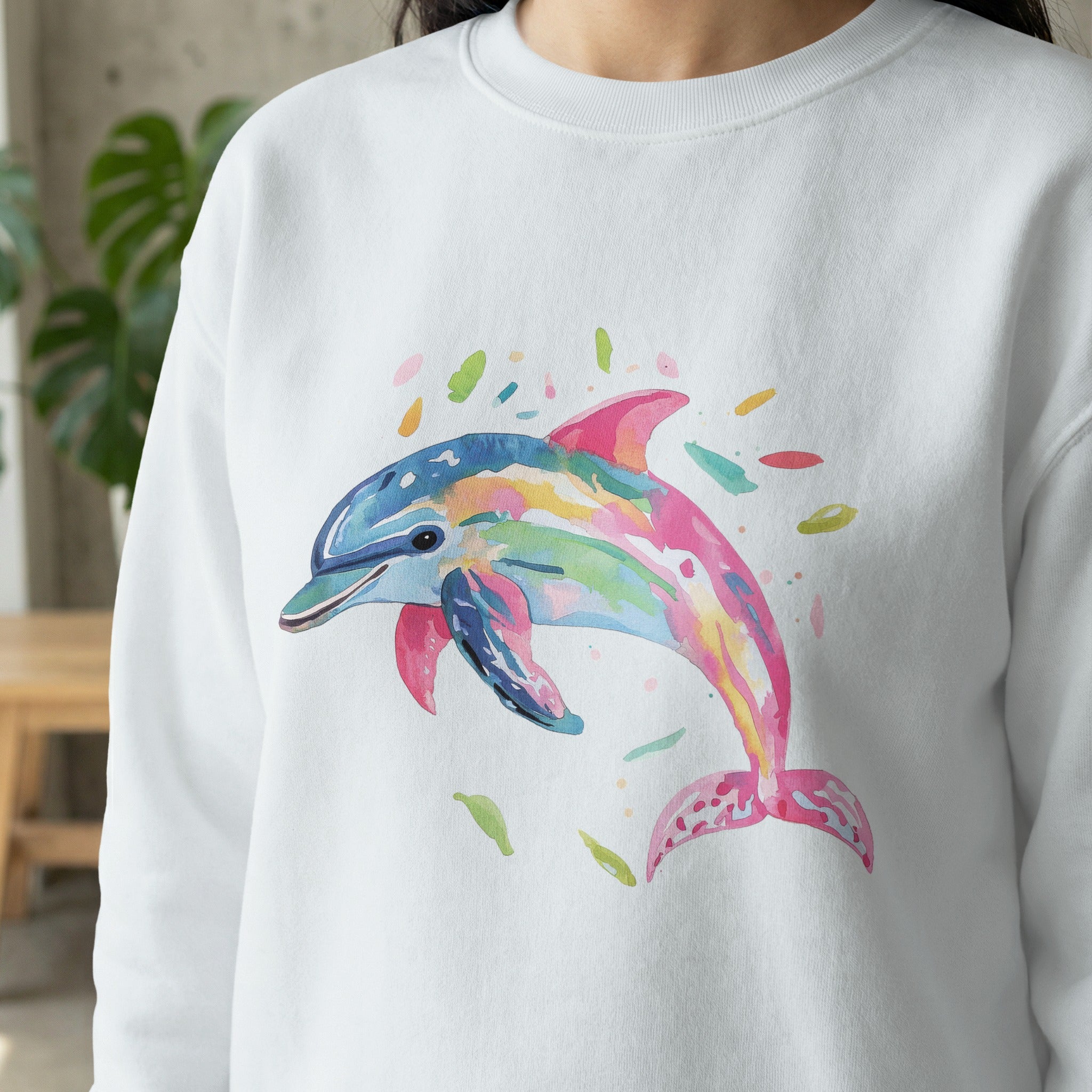 White sweatshirt with a colorful watercolor dolphin design.
