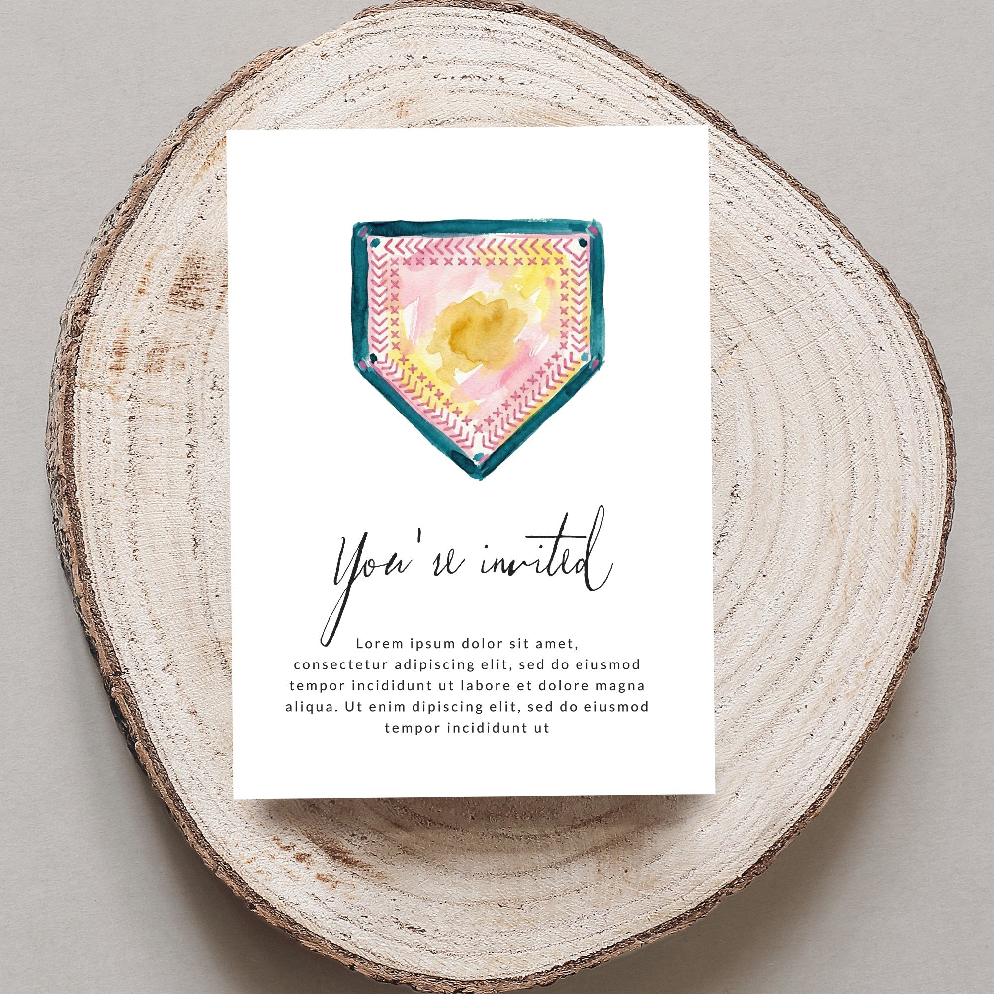 Invitation card with "You're invited" text and watercolor design.