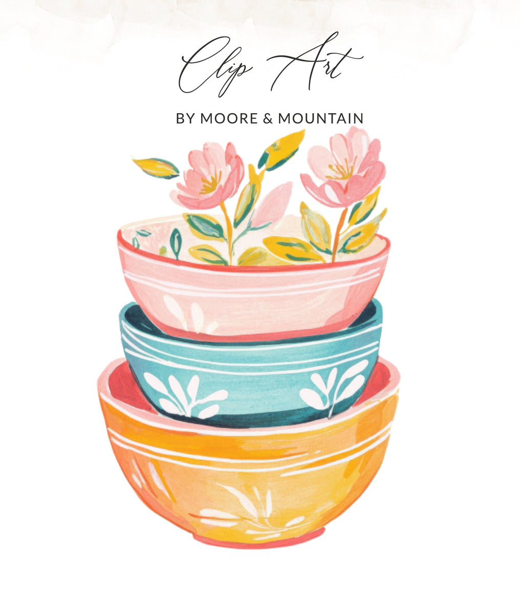 Stack of three painted bowls with floral accents, "Clip Art by Moore & Mountain".