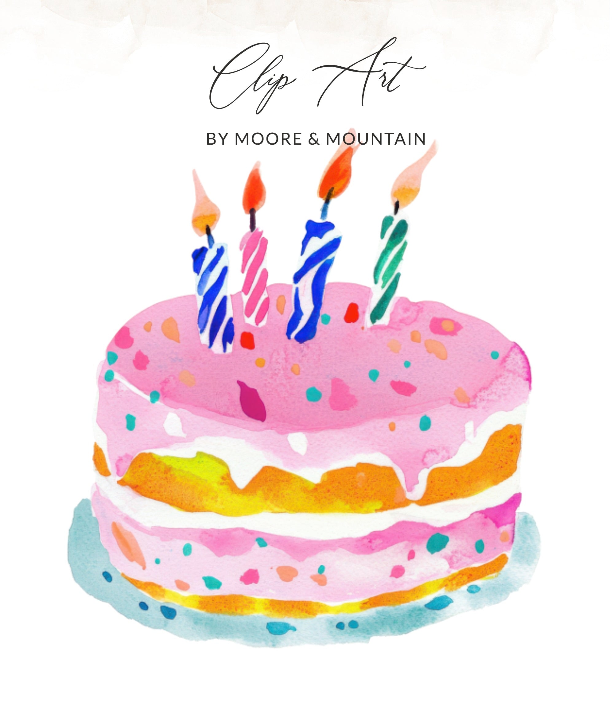 Birthday cake with pink frosting and candles, featuring "Clip Art by Moore & Mountain" text.