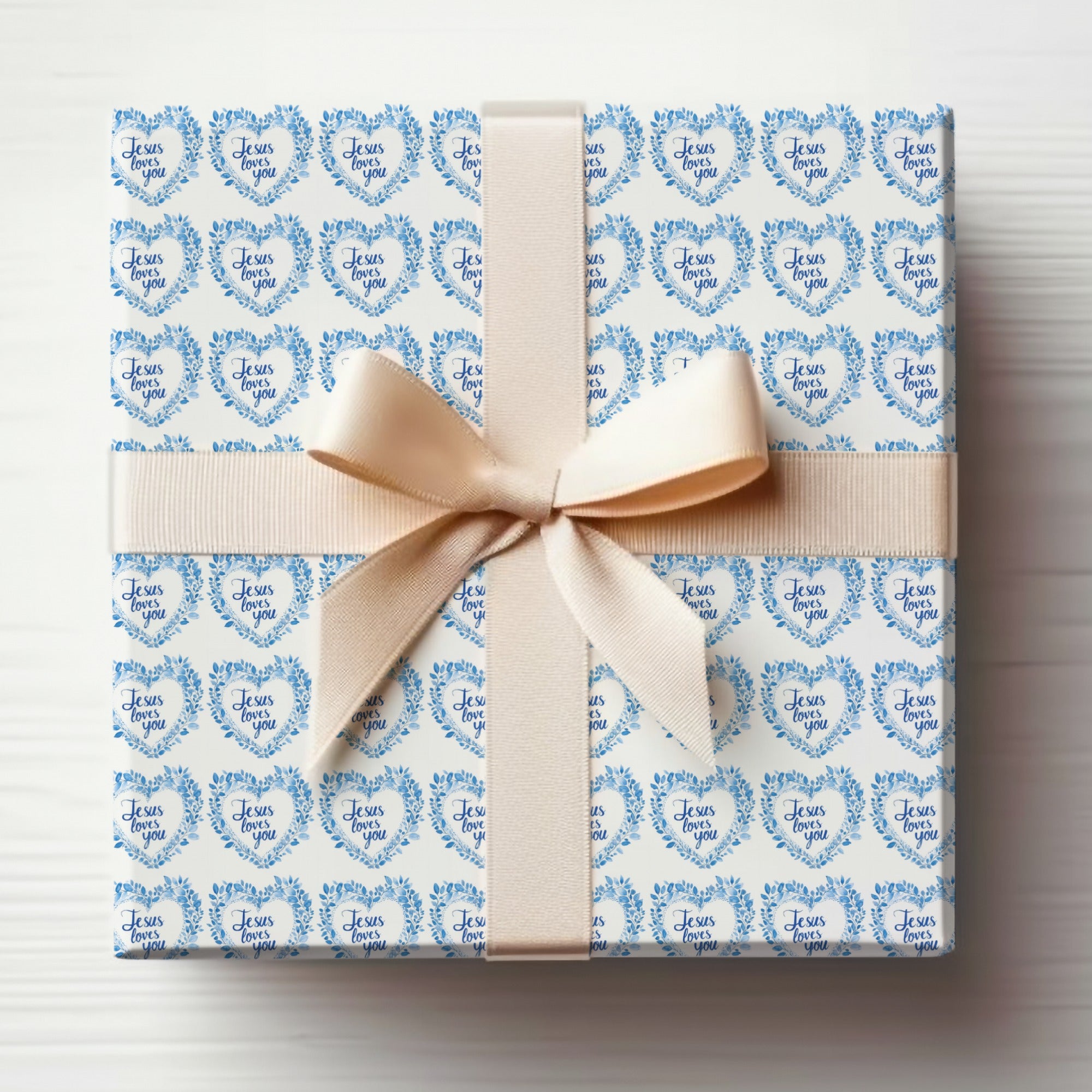 Blue Leaf Heart Jesus Loves You Pattern Gift Wrap product type
