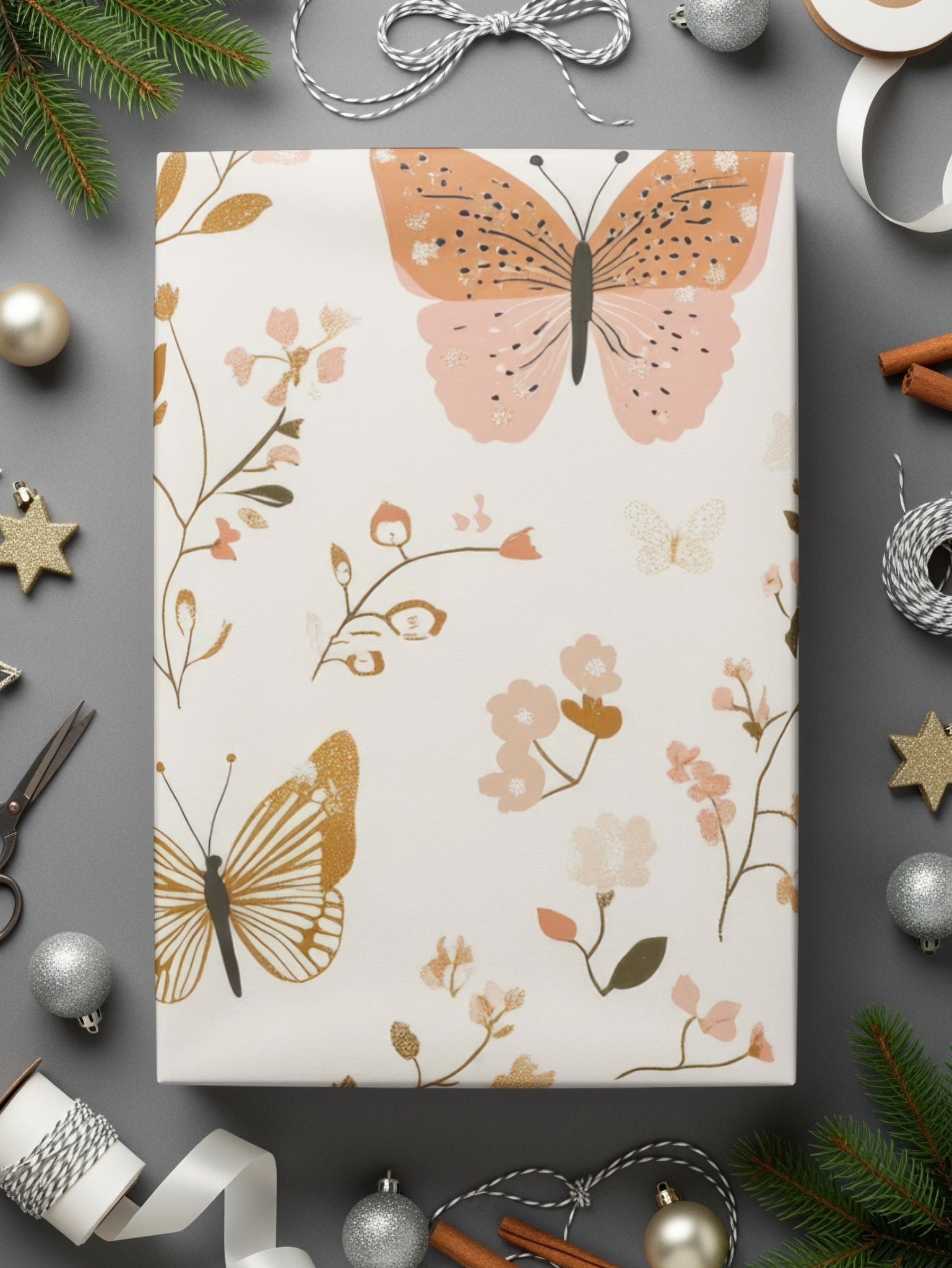 Elegant Butterfly and Floral Pattern Gift Wrap