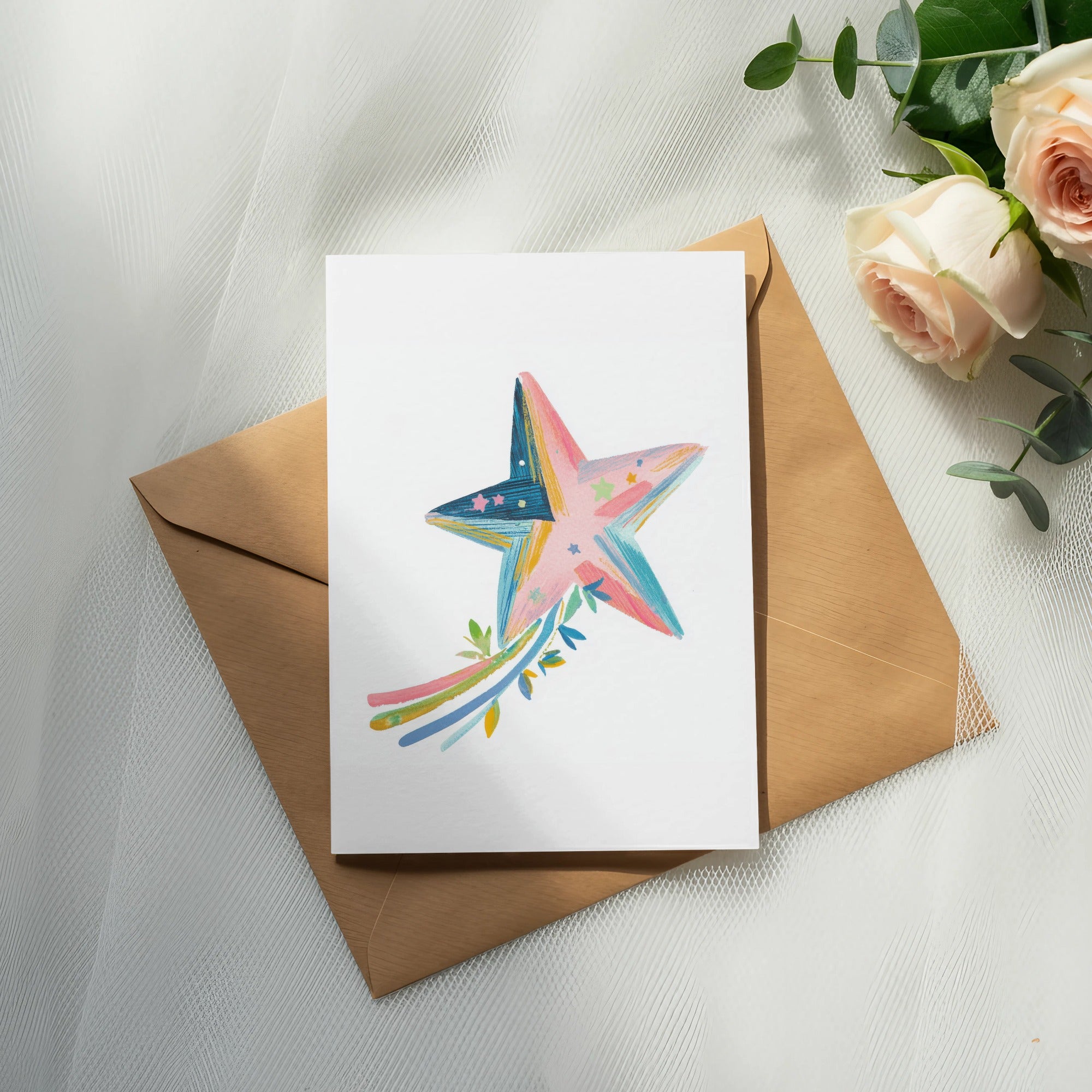 Card with colorful starburst design on brown envelope and roses.