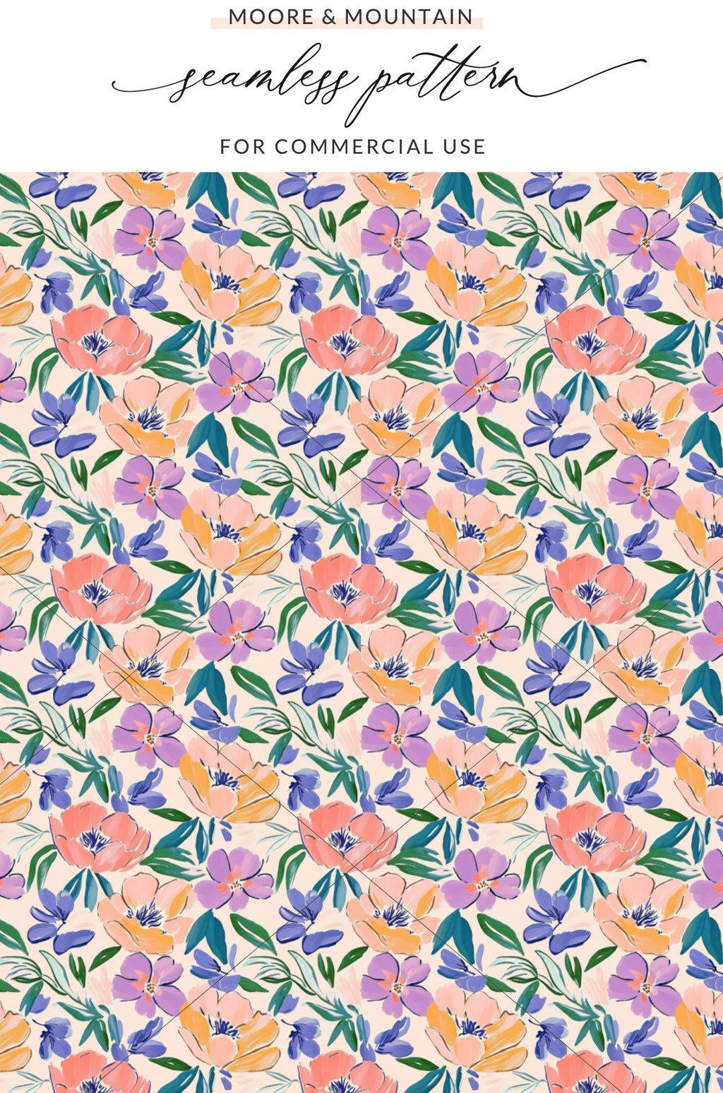 Seamless floral pattern with coral, purple, and blue flowers on a light purple background.