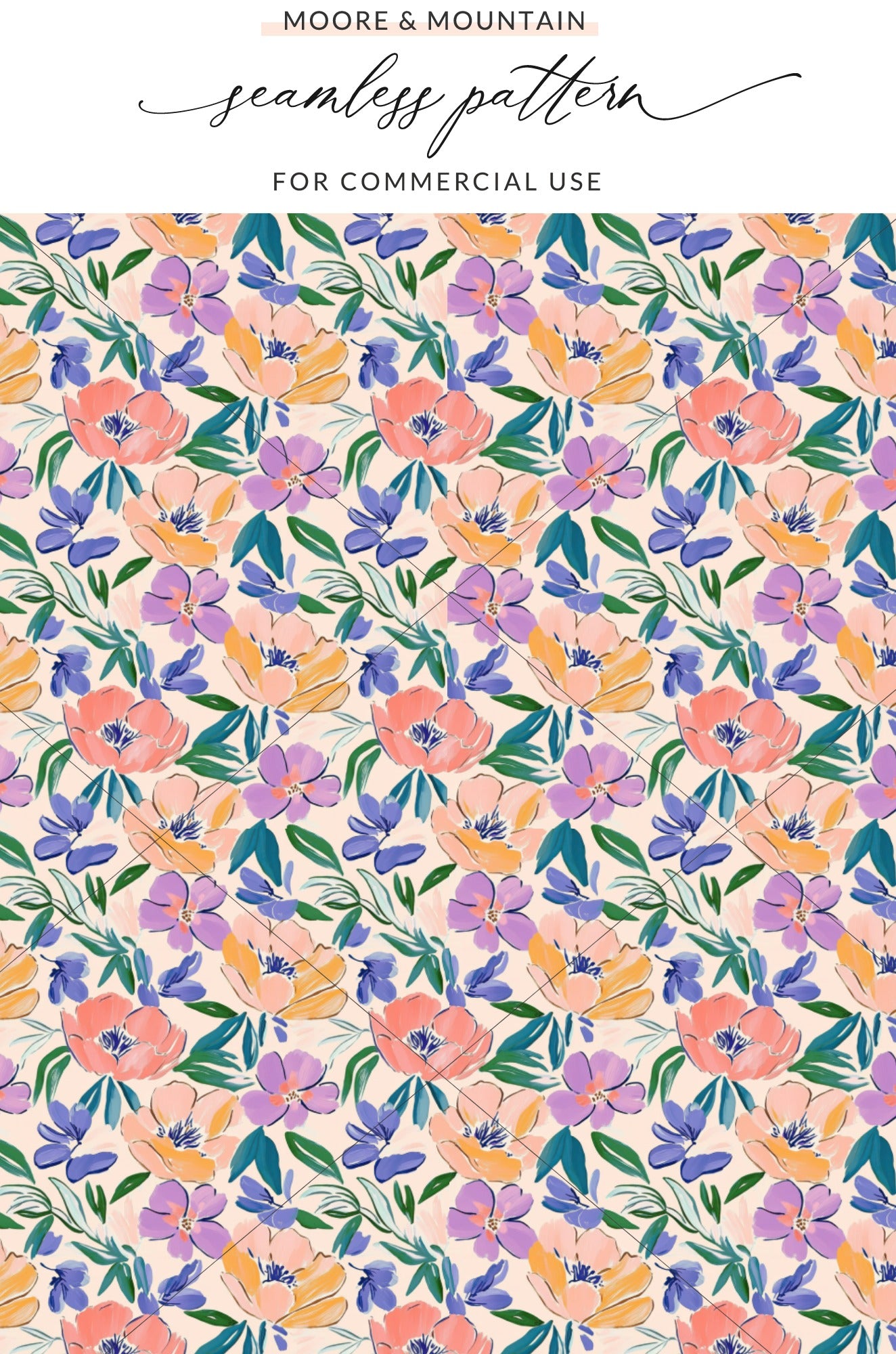 Seamless floral pattern with coral, purple, and blue flowers on a light purple background.