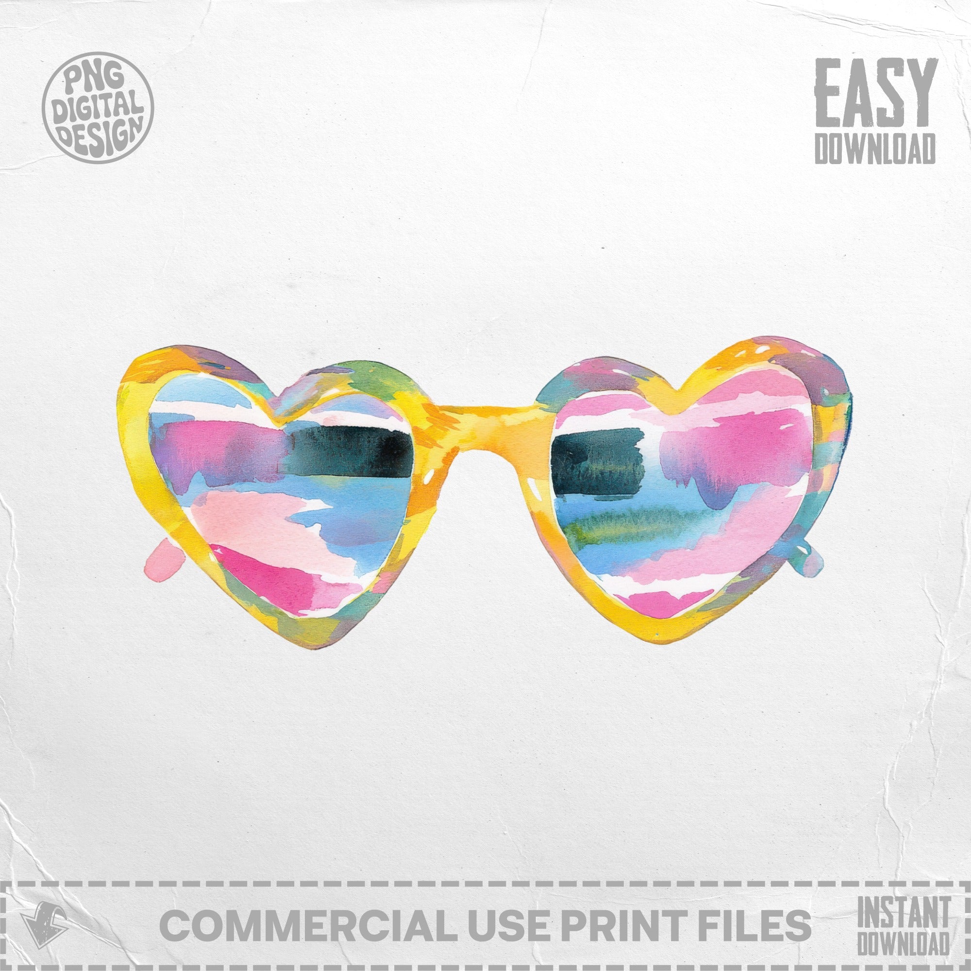 Heart-shaped sunglasses with colorful watercolor lenses.