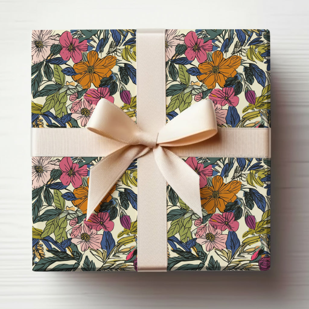 Floral Gift Wrap with Beige Ribbon Gift Wrapping Paper
