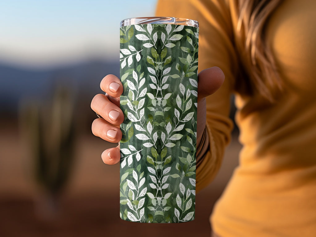 Green and White Leaf Pattern Insulated Tumbler