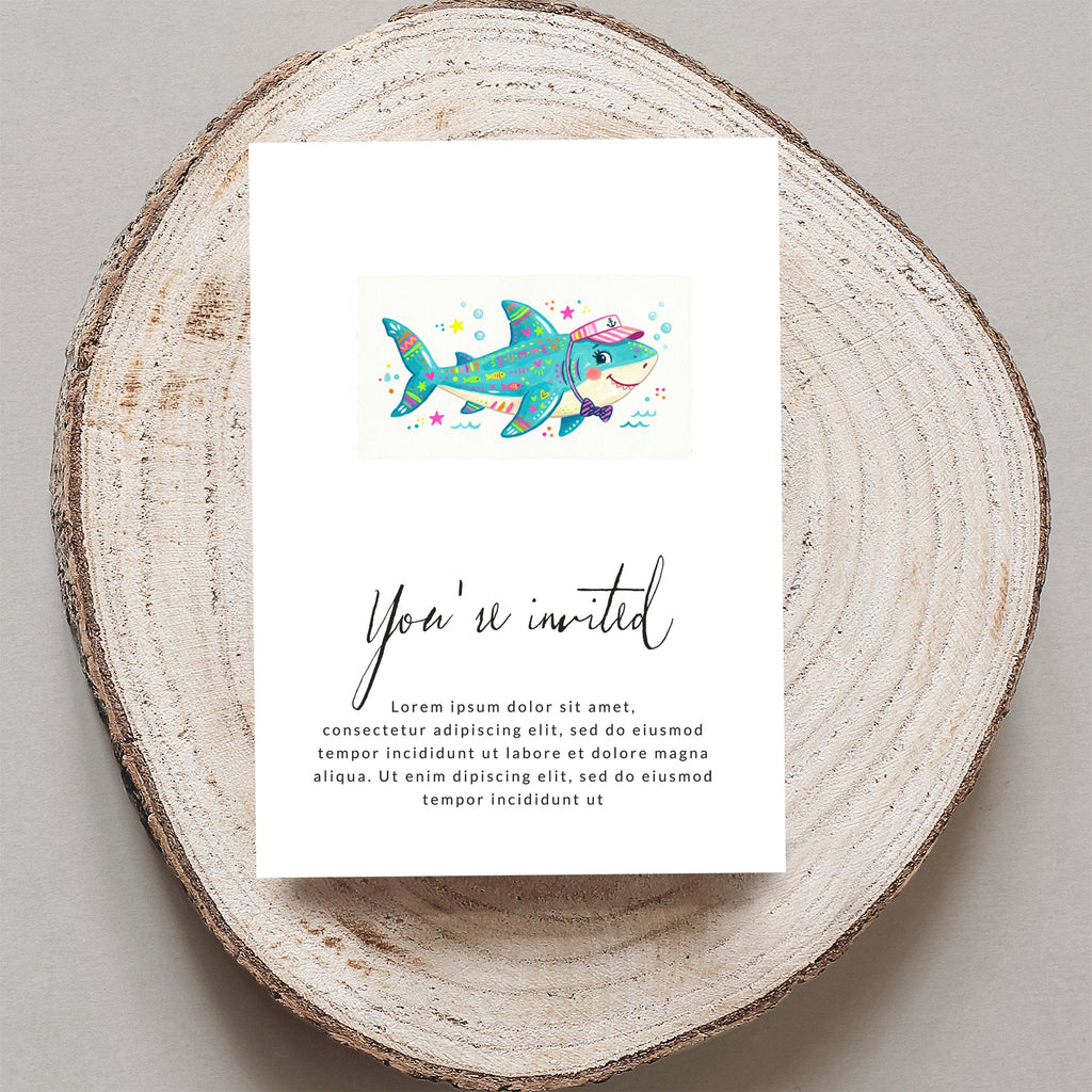 Shark invitation with "You're invited" text and placeholder copy.
