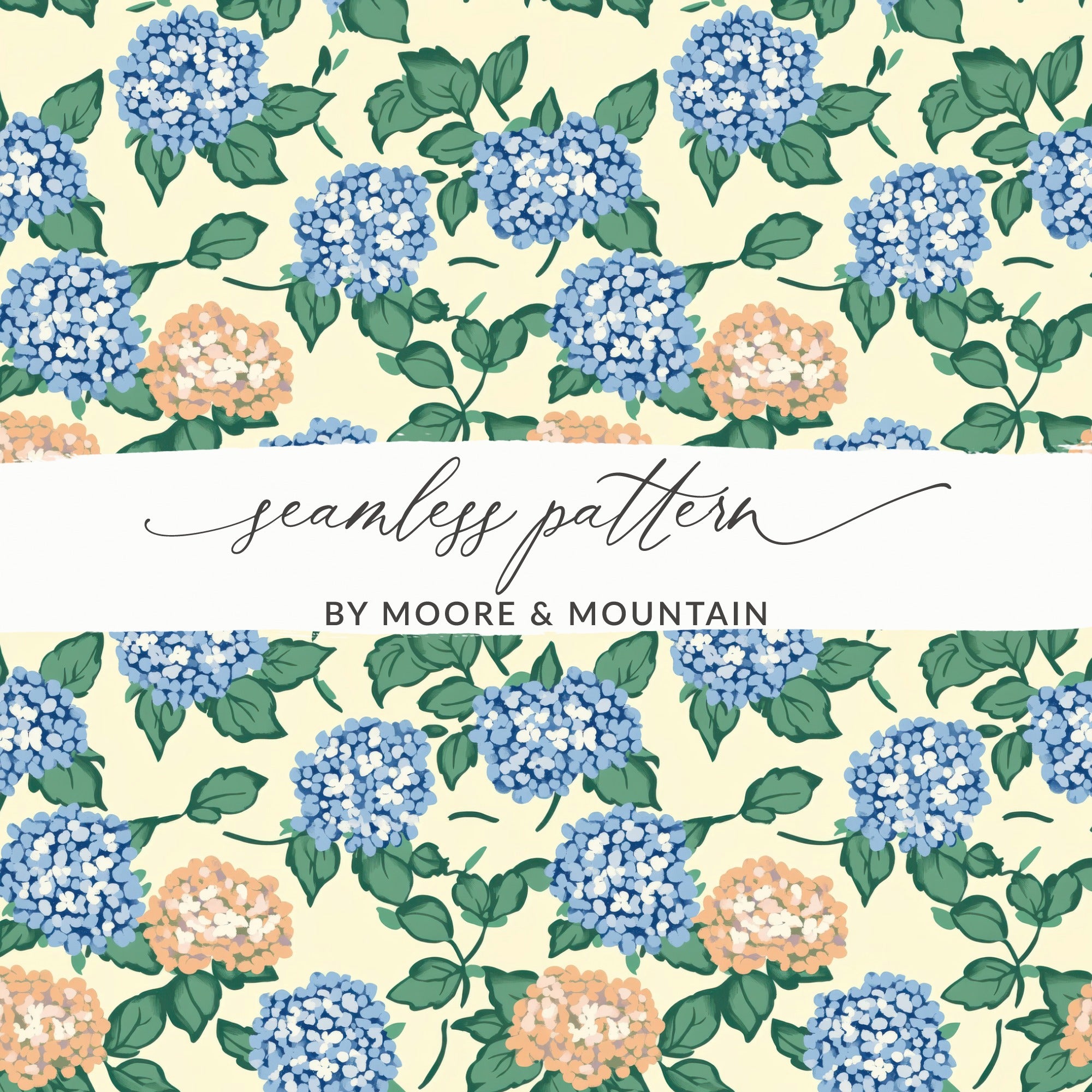 Seamless pattern of blue and peach hydrangeas with green leaves on a cream background.