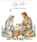 Watercolor nativity scene with Mary, Joseph, and baby Jesus in a manger.