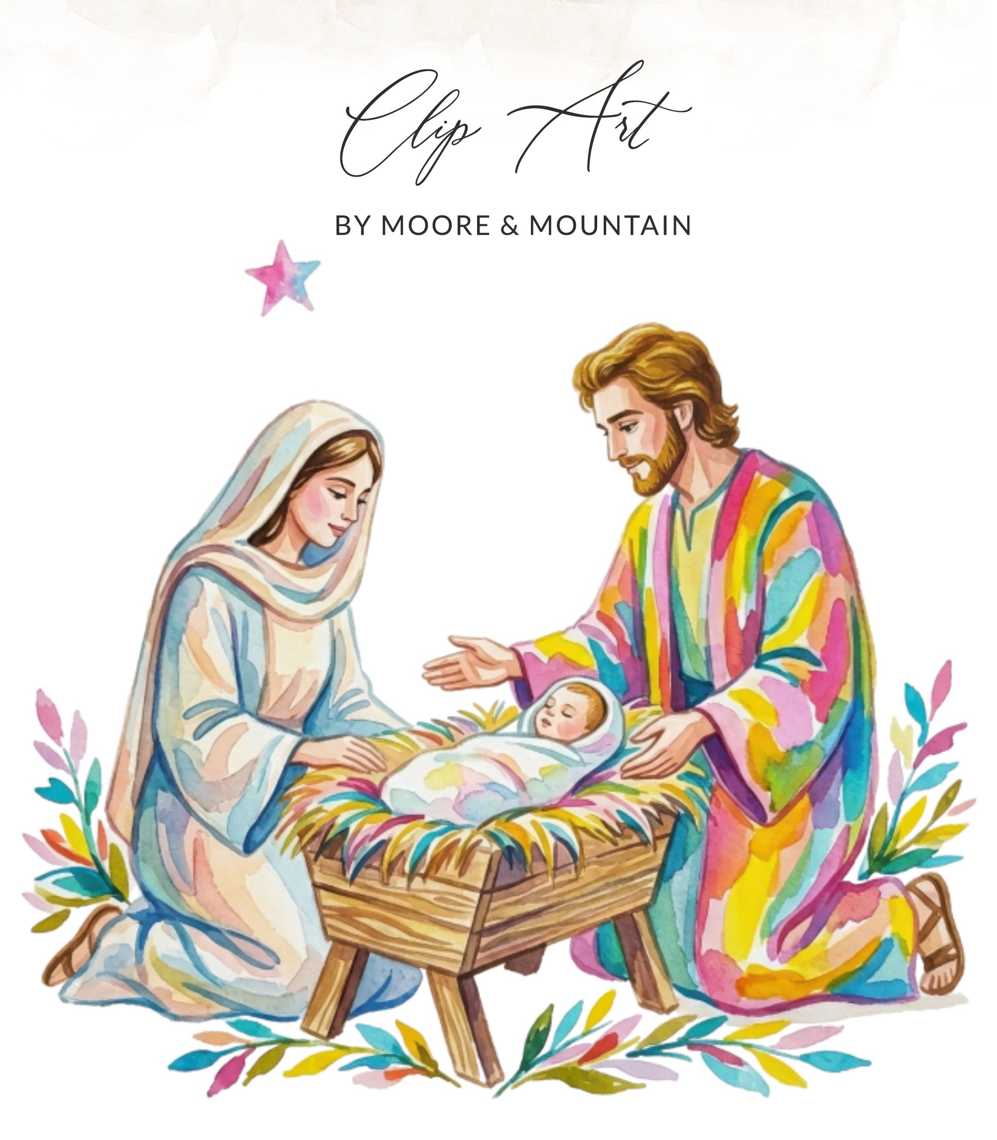 Watercolor nativity scene with Mary, Joseph, and baby Jesus in a manger.