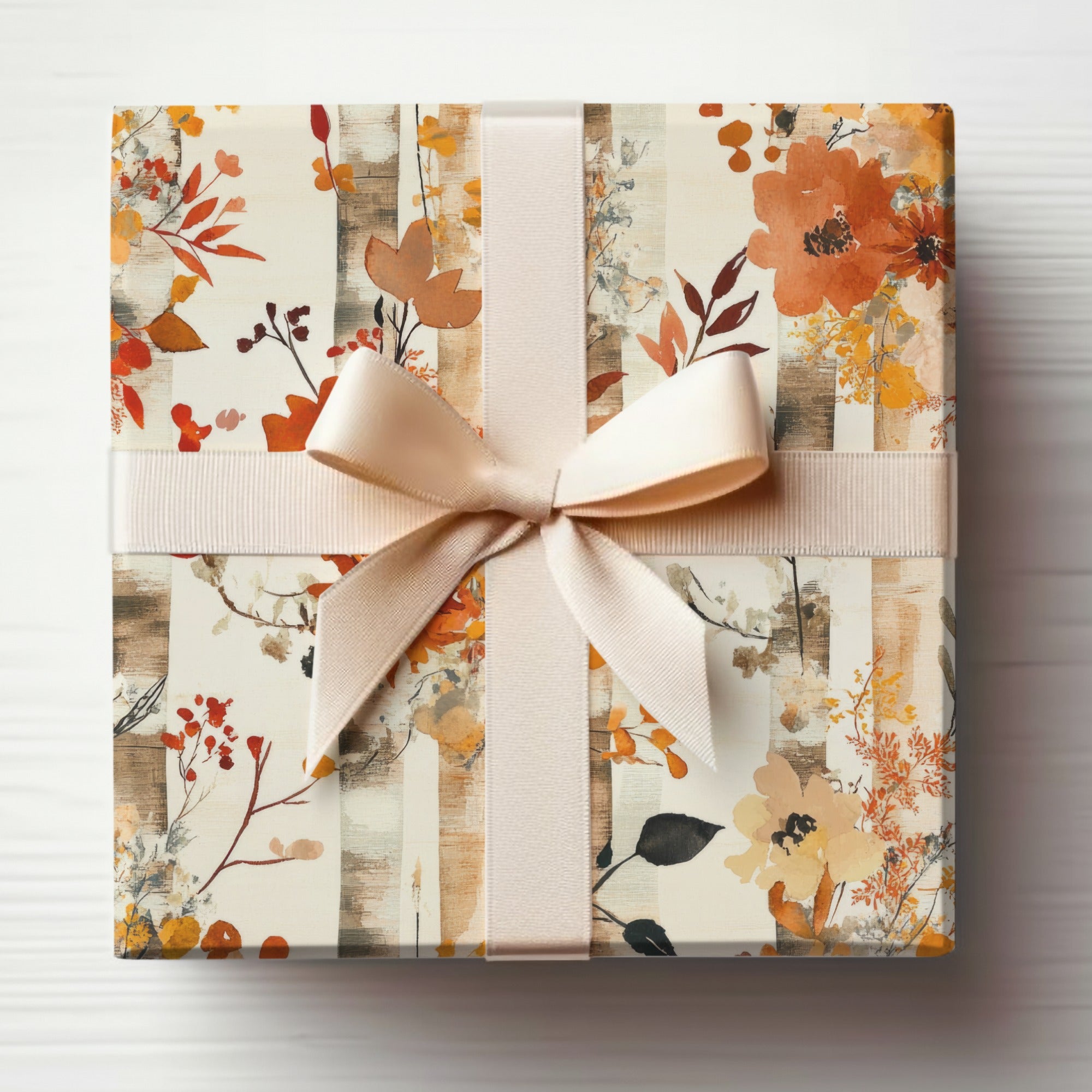 Elegant Floral Gift Wrap with Beige Ribbon accents