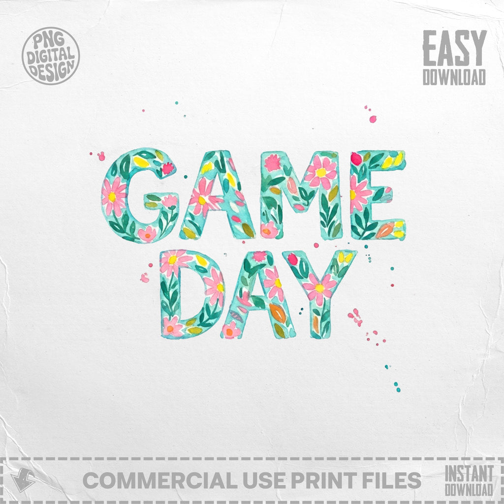 Watercolor "GAME DAY" text with floral accents, easy download, commercial use print files.