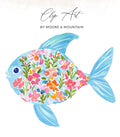 Blue fish illustration with a floral pattern on its body.
