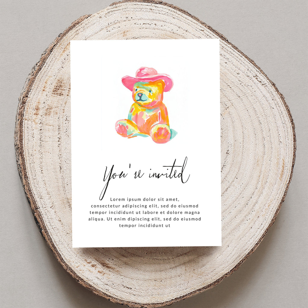 Watercolor teddy bear in pink hat on invitation with "You're invited" text.