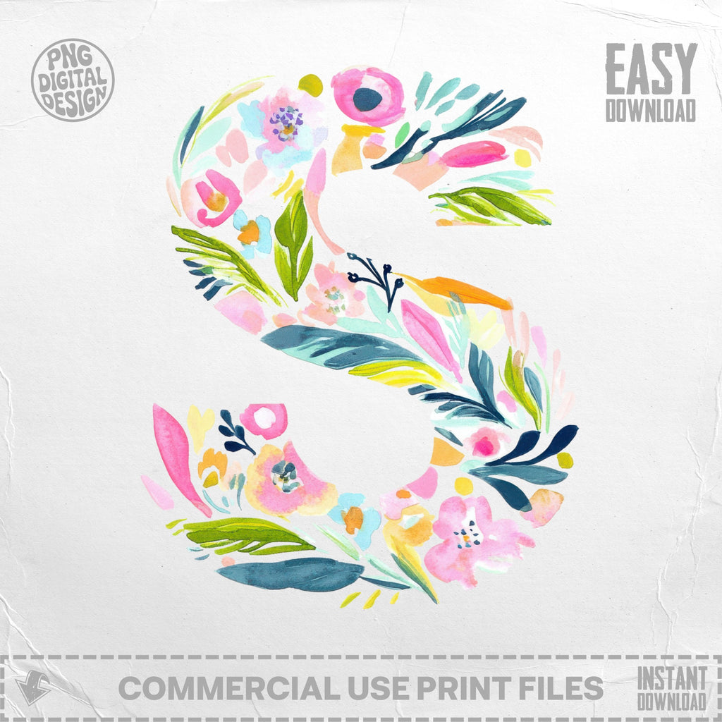 Floral letter "S" with watercolor flowers and leaves, easy download.