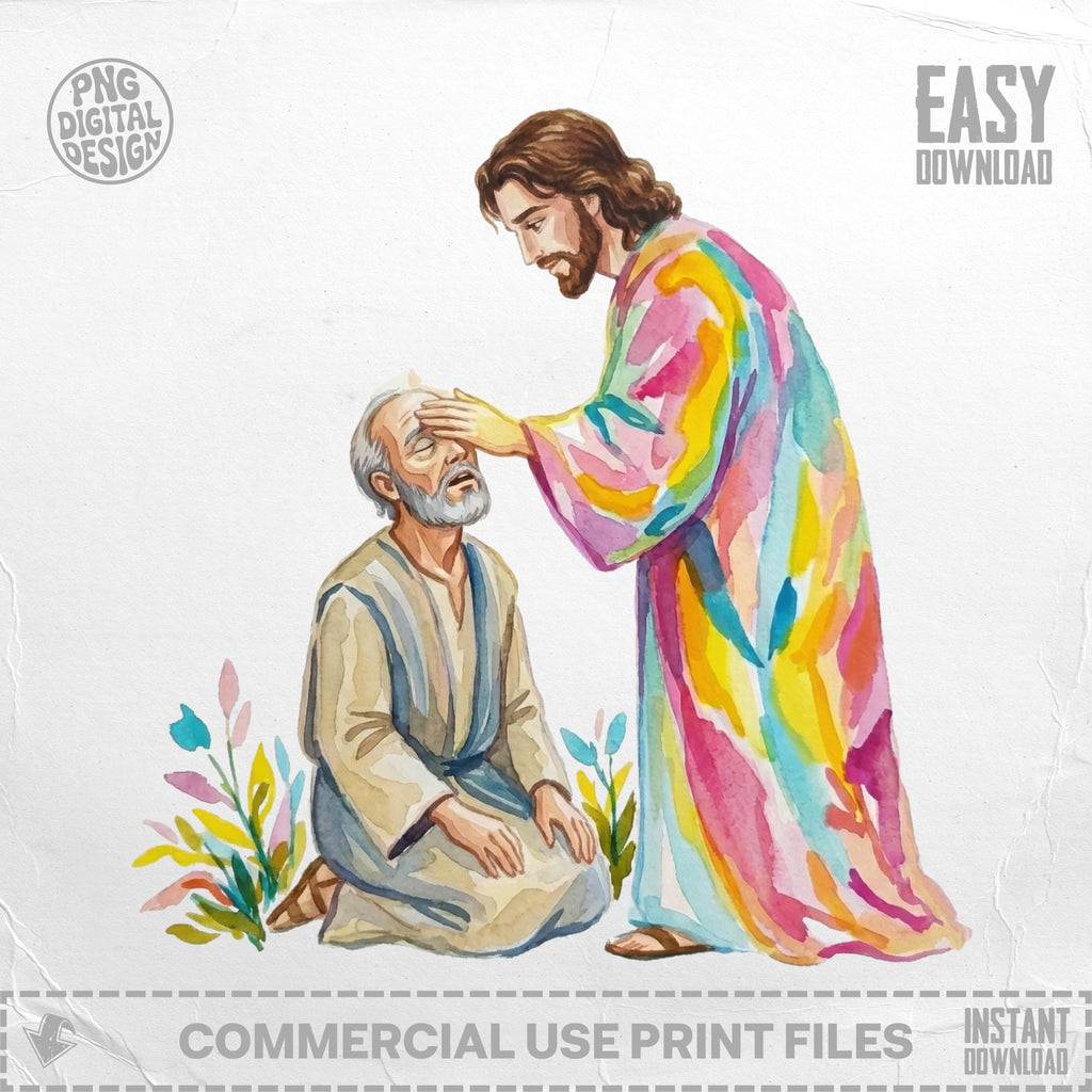 Jesus healing a blind man with colorful robe and watercolor style.